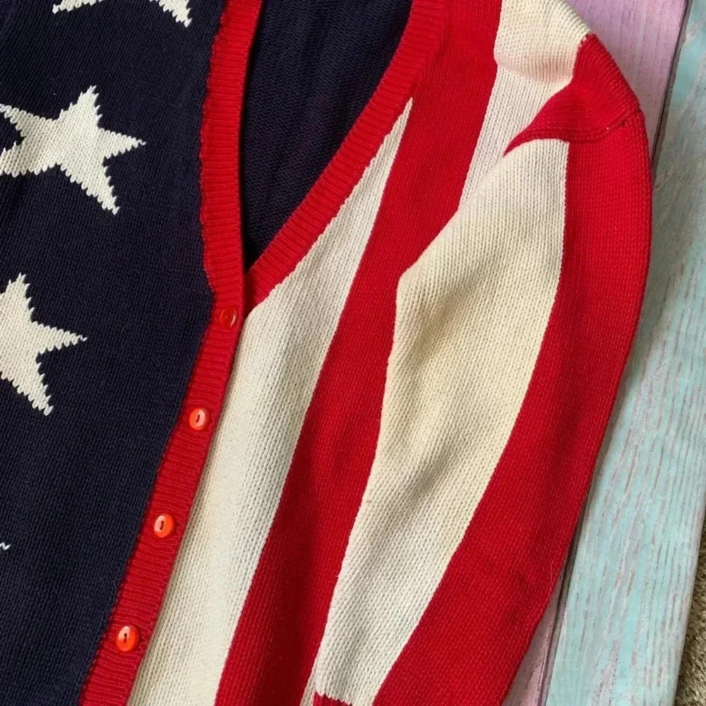 Vintage casual corner 100% cotton American flag V-neck button up sweater - Picture 5 of 8